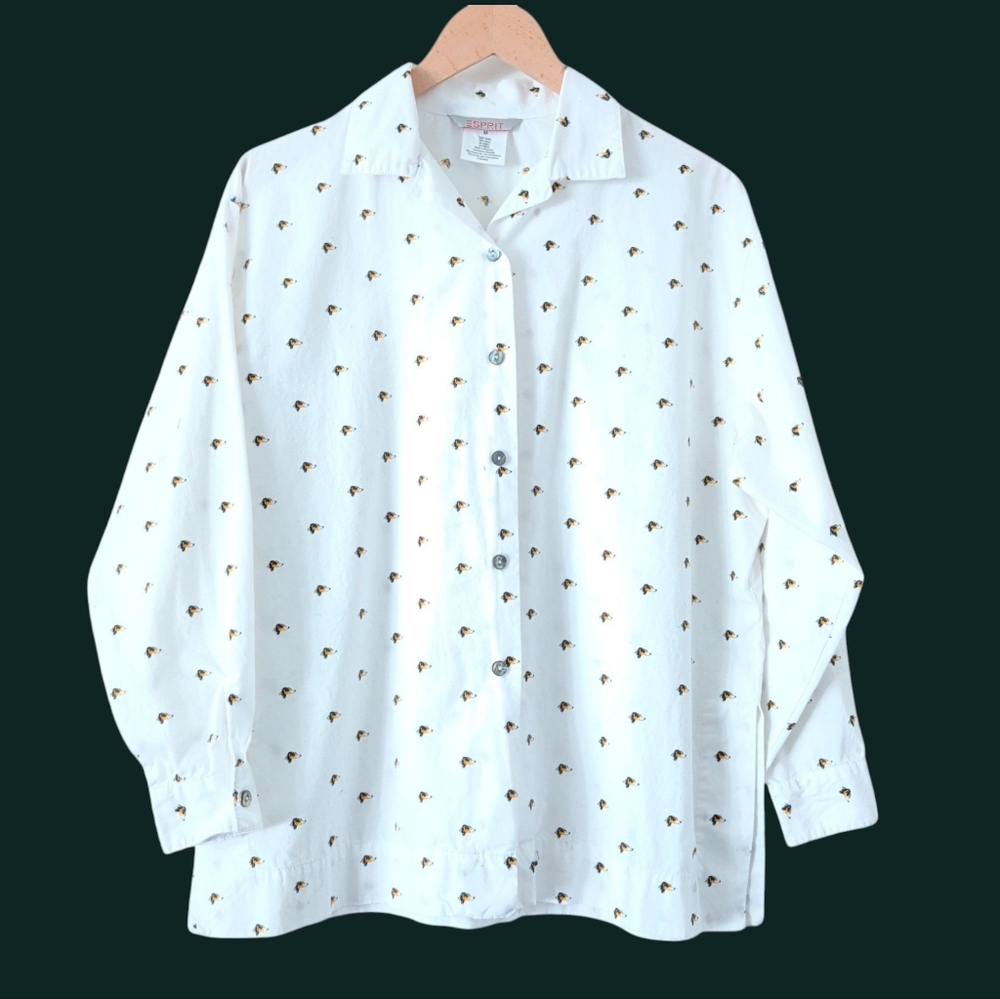 90s ESPRIT Embroidered Mountain Dog Print Long Sleeve Cotton Button Down Medium